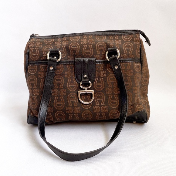 Etienne Aigner Brown Leather Strap Horseshoe Print Shoulder Tote Bag - Picture 1 of 12
